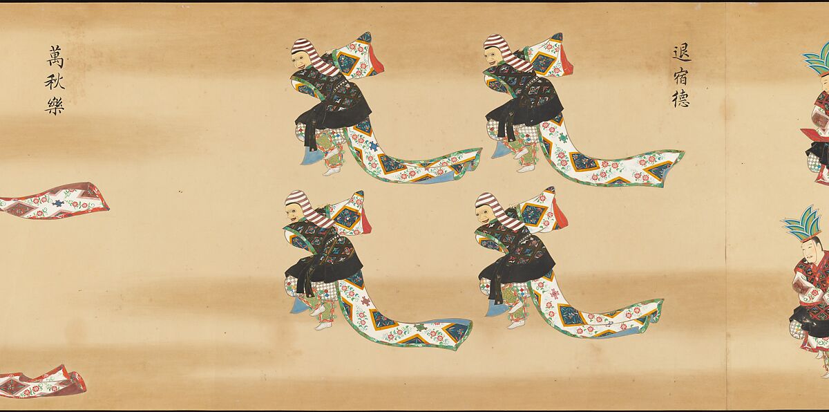 Bugaku Imperial Court Dance, Handscroll from set of two; ink, color, and gold on paper, Japan