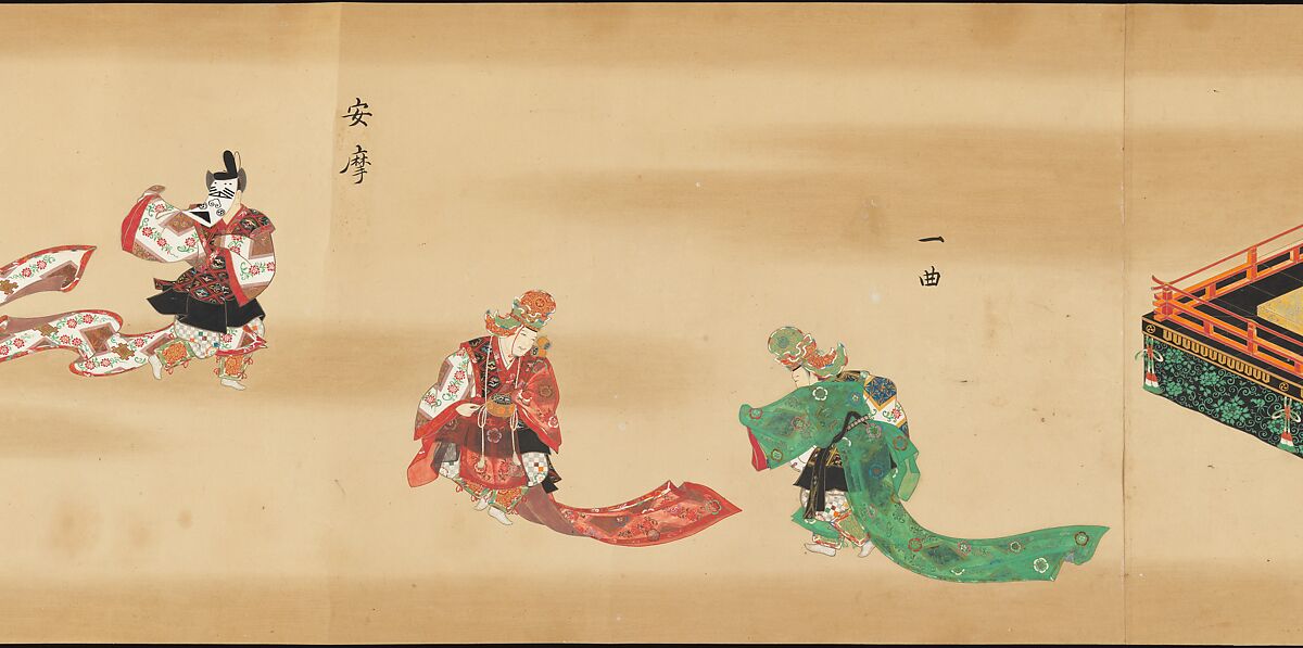 Bugaku Imperial Court Dance, Handscroll from set of two; ink, color, and gold on paper, Japan