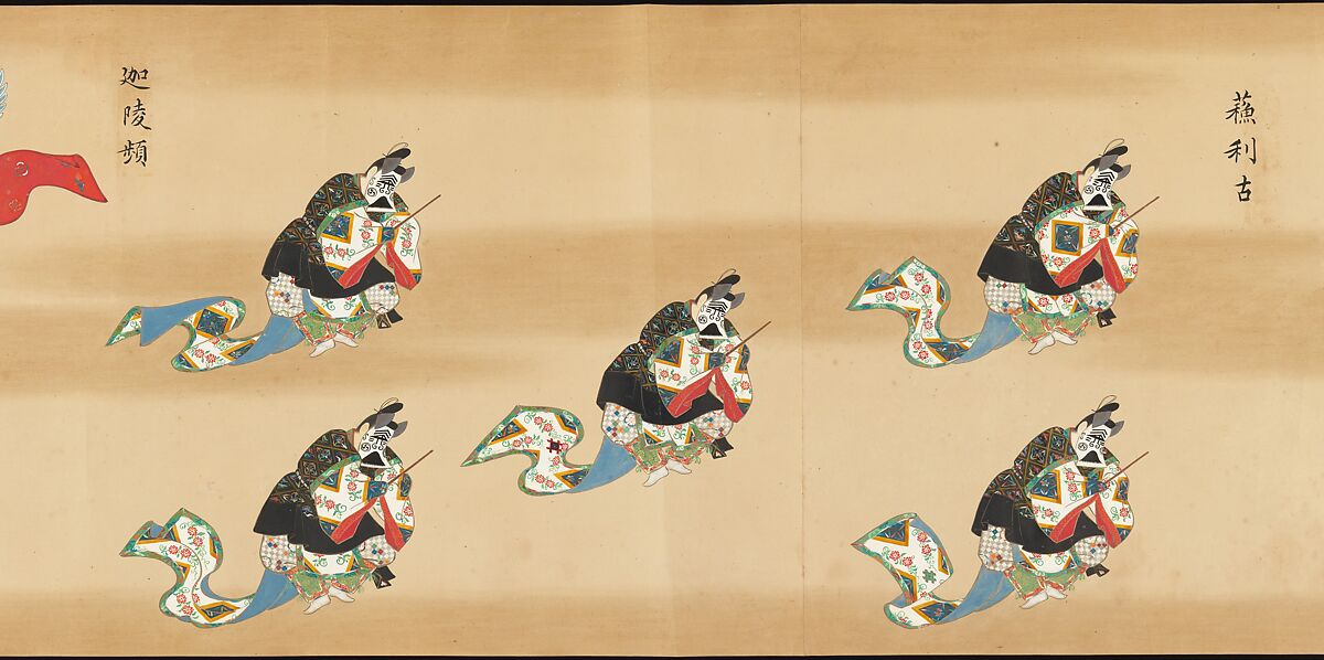 Bugaku Imperial Court Dance, Handscroll from set of two; ink, color, and gold on paper, Japan