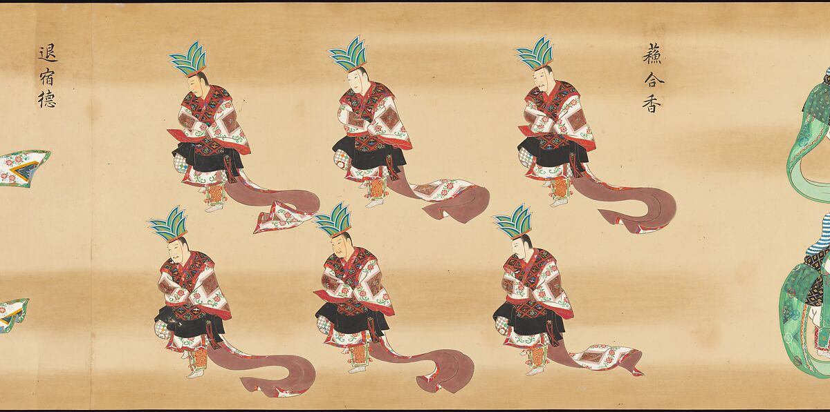 Bugaku Imperial Court Dance, Handscroll from set of two; ink, color, and gold on paper, Japan