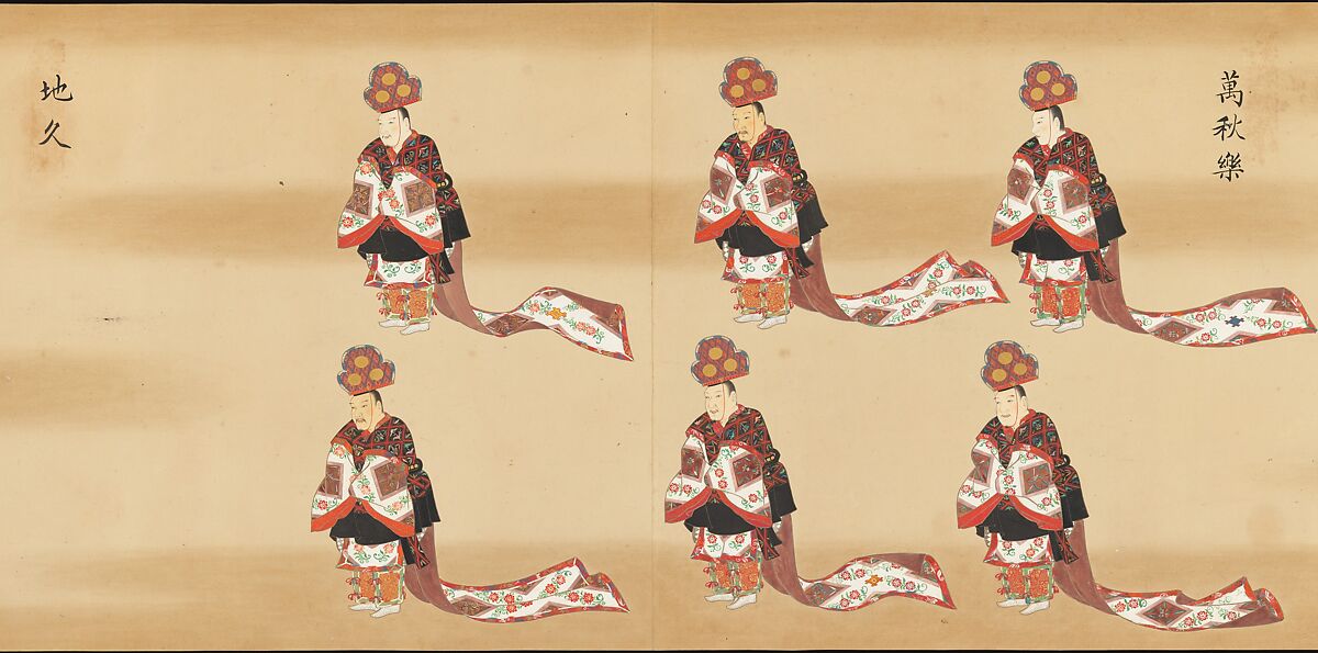 Bugaku Imperial Court Dance, Handscroll from set of two; ink, color, and gold on paper, Japan