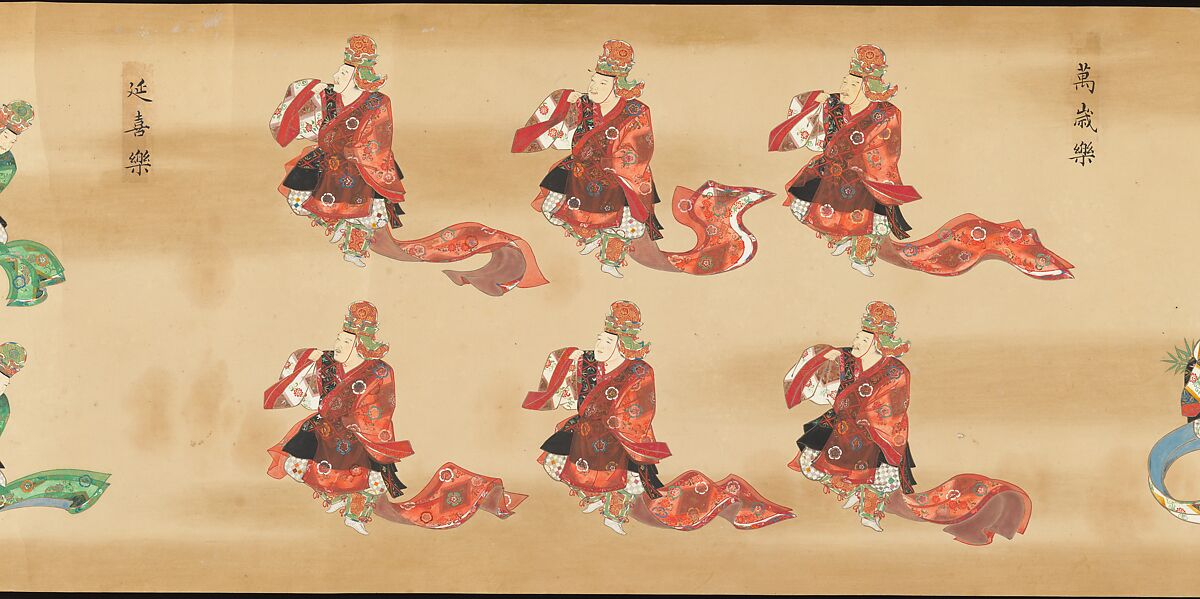 Bugaku Imperial Court Dance, Handscroll from set of two; ink, color, and gold on paper, Japan