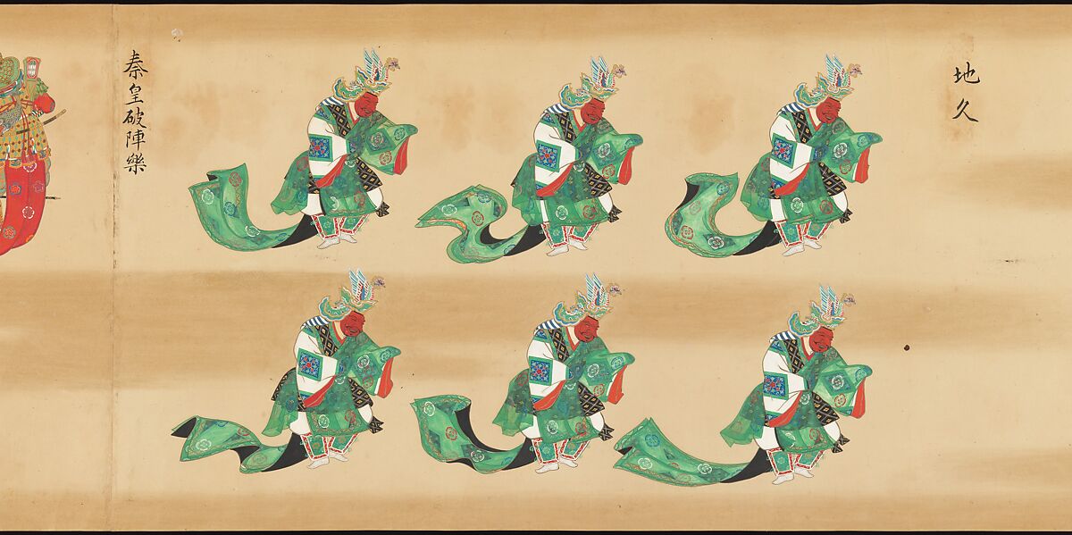 Bugaku Imperial Court Dance, Handscroll from set of two; ink, color, and gold on paper, Japan