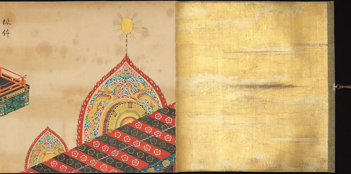 Bugaku Imperial Court Dance, Handscroll from set of two; ink, color, and gold on paper, Japan