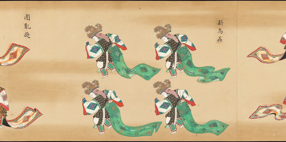 Bugaku Imperial Court Dance, Handscroll from set of two; ink, color, and gold on paper, Japan