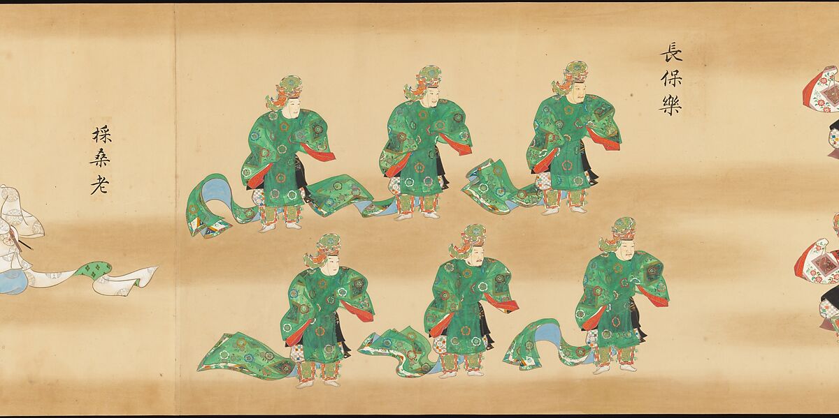 Bugaku Imperial Court Dance, Handscroll from set of two; ink, color, and gold on paper, Japan