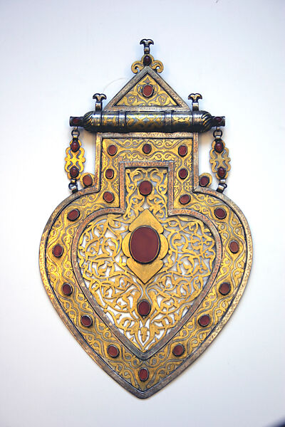 Cordiform Pendant, Silver; fire gilded and chased, with openwork, cabochon and table-cut carnelians, and embossed terminals