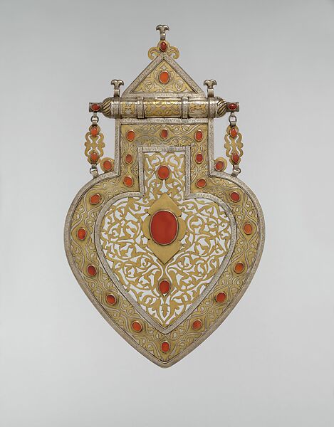 Cordiform Pendant, Silver; fire gilded and chased, with openwork, cabochon and table-cut carnelians, and embossed terminals 