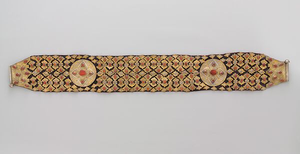 Belt, Silver; fire-gilded and chased, with applied decoration, cabochon and table-cut carnelians, and synthetic resin stones; mounted on leather