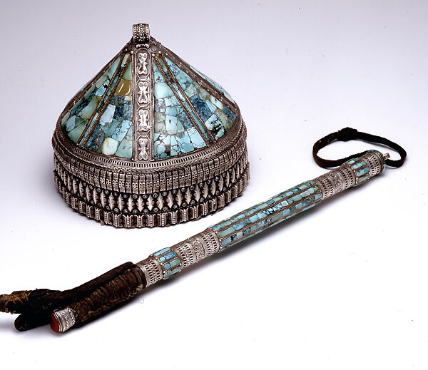 Crown, Silver, with stamped and applied decoration, decorative wire, silver shot, table-cut turquoises, and turquoise beads; quilted cotton lining.