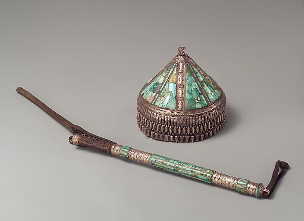 Crown, Silver, with stamped and applied decoration, decorative wire, silver shot, table-cut turquoises, and turquoise beads; quilted cotton lining.