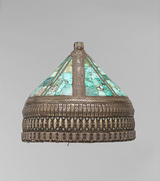 Crown, Silver, with stamped and applied decoration, decorative wire, silver shot, table-cut turquoises, and turquoise beads; quilted cotton lining. 