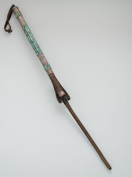 Whip, Silver, with stamped and applied decoration, decorative wire, silver shot, turquoise fragments inlaid in mastic, turquoise beads, and table-cut carnelian 