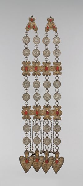 Dorsal Plait Ornament, Silver; fire-gilded, with stamped and applied decoration, Persian silver coins, table-cut carnelians, loop-in-loop chains, bells, and cordiform pendants 