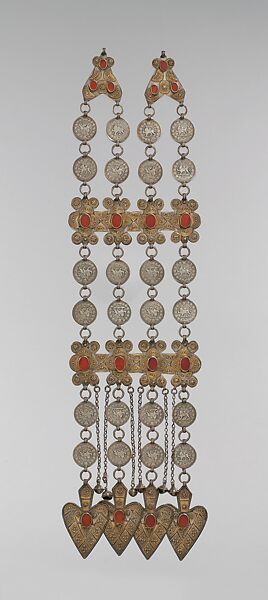 Dorsal Plait Ornament, Silver; fire-gilded, with stamped and applied decoration, Persian silver coins, table-cut carnelians, loop-in-loop chains, bells, and cordiform pendants