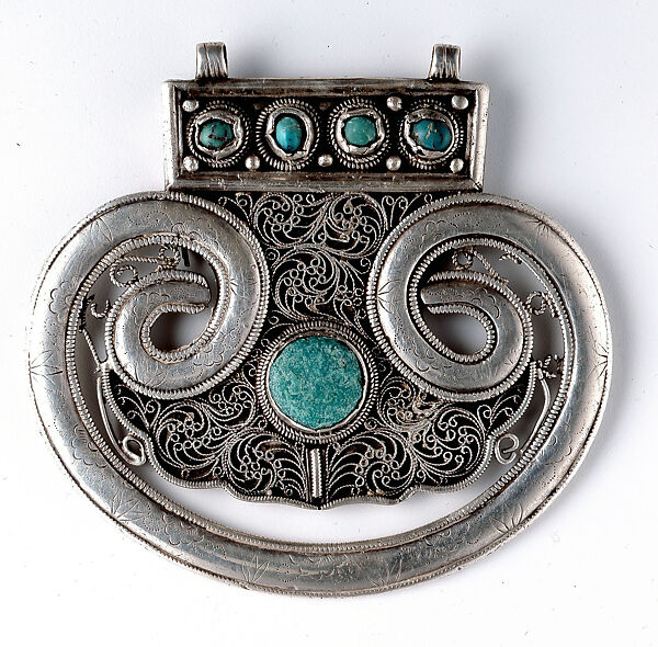 Lobed Plaque, Silver; chased, with filigree and decorative wire, slightly domed turquoises, and wax turquoise replacement