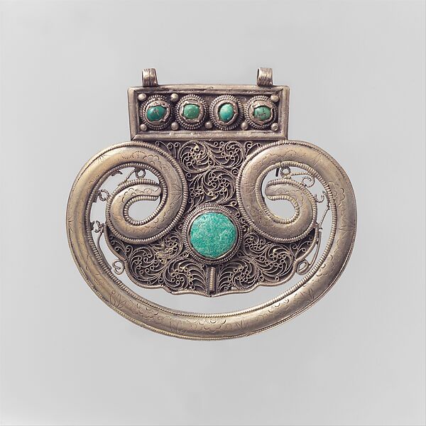 Lobed Plaque, Silver; chased, with filigree and decorative wire, slightly domed turquoises, and wax turquoise replacement 