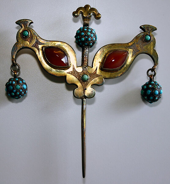 Headdress Ornament in the Shape of Double Bird, Silver; fire-gilded, with chip-carved decoration, cabochon carnelians, turquoise-beaded balls, and links