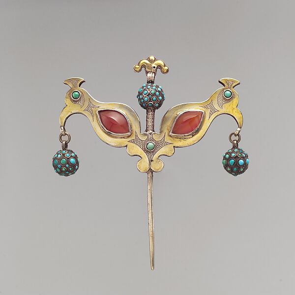 Headdress Ornament in the Shape of Double Bird, Silver; fire-gilded, with chip-carved decoration, cabochon carnelians, turquoise-beaded balls, and links 