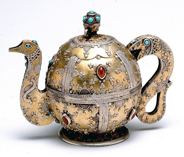 Teapot-Shaped Ornament, Silver; fire-gilded, with stamped beading, silver shot, applied decoration, decorative wire, cabochon carnelians, and turquoise beads