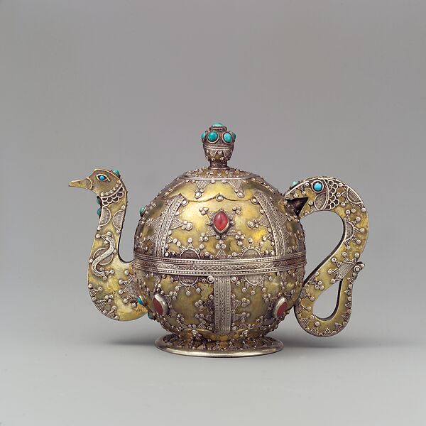Teapot-Shaped Ornament, Silver; fire-gilded, with stamped beading, silver shot, applied decoration, decorative wire, cabochon carnelians, and turquoise beads 
