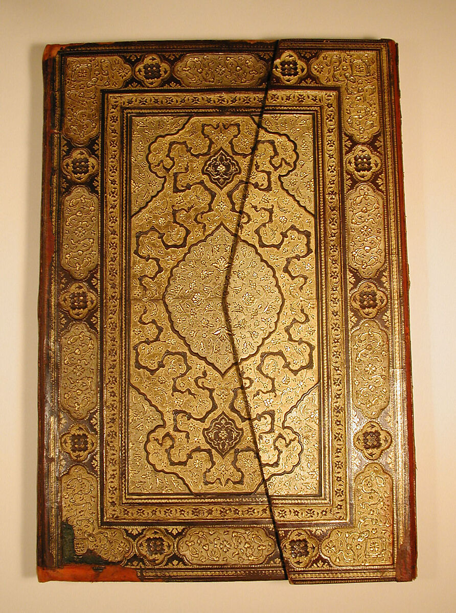 Binding and Text-Block for the Mantiq al-Tayr (Language of the Birds), Farid al-Din `Attar (Iranian, Nishapur ca. 1142–ca. 1220 Nishapur), Binding: Leather, gold, and color; carved, impressed, and gilded
Text-block: Ink, opaque watercolor, silver, and gold on paper