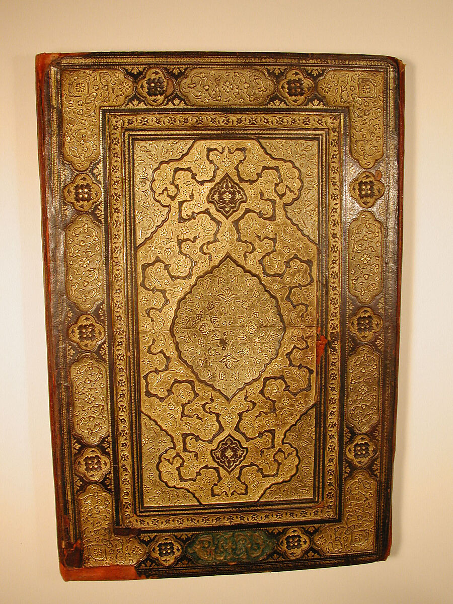 Binding and Text-Block for the Mantiq al-Tayr (Language of the Birds), Farid al-Din `Attar (Iranian, Nishapur ca. 1142–ca. 1220 Nishapur), Binding: Leather, gold, and color; carved, impressed, and gilded
Text-block: Ink, opaque watercolor, silver, and gold on paper