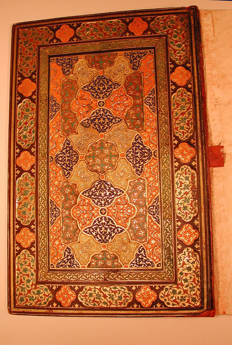 Binding and Text-Block for the Mantiq al-Tayr (Language of the Birds), Farid al-Din `Attar (Iranian, Nishapur ca. 1142–ca. 1220 Nishapur), Binding: Leather, gold, and color; carved, impressed, and gilded
Text-block: Ink, opaque watercolor, silver, and gold on paper