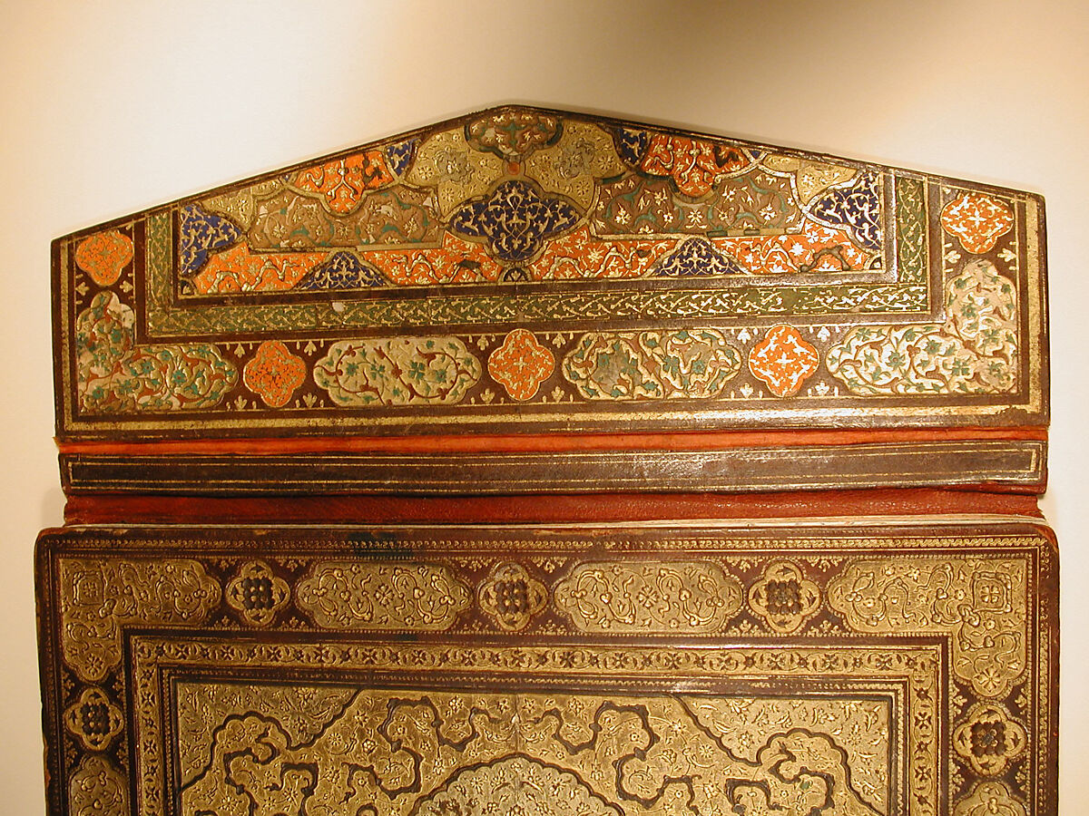 Binding and Text-Block for the Mantiq al-Tayr (Language of the Birds), Farid al-Din `Attar (Iranian, Nishapur ca. 1142–ca. 1220 Nishapur), Binding: Leather, gold, and color; carved, impressed, and gilded
Text-block: Ink, opaque watercolor, silver, and gold on paper