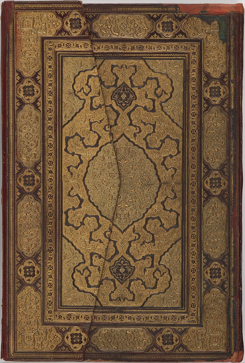 Binding and Text-Block for the Mantiq al-Tayr (Language of the Birds), Farid al-Din `Attar (Iranian, Nishapur ca. 1142–ca. 1220 Nishapur), Binding: Leather, gold, and color; carved, impressed, and gilded
Text-block: Ink, opaque watercolor, silver, and gold on paper 