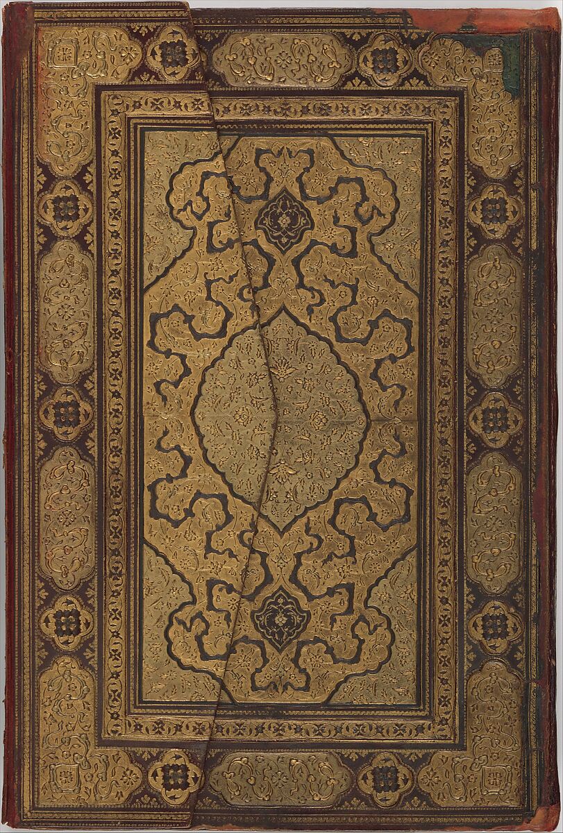 Binding and Text-Block for the Mantiq al-Tayr (Language of the Birds), Farid al-Din `Attar (Iranian, Nishapur ca. 1142–ca. 1220 Nishapur), Binding: Leather, gold, and color; carved, impressed, and gilded
Text-block: Ink, opaque watercolor, silver, and gold on paper 