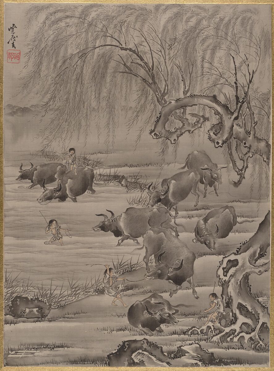 Buffalo and Herdsman, Kawanabe Kyōsai 河鍋暁斎 (Japanese, 1831–1889), Album leaf; ink and color on silk, Japan 