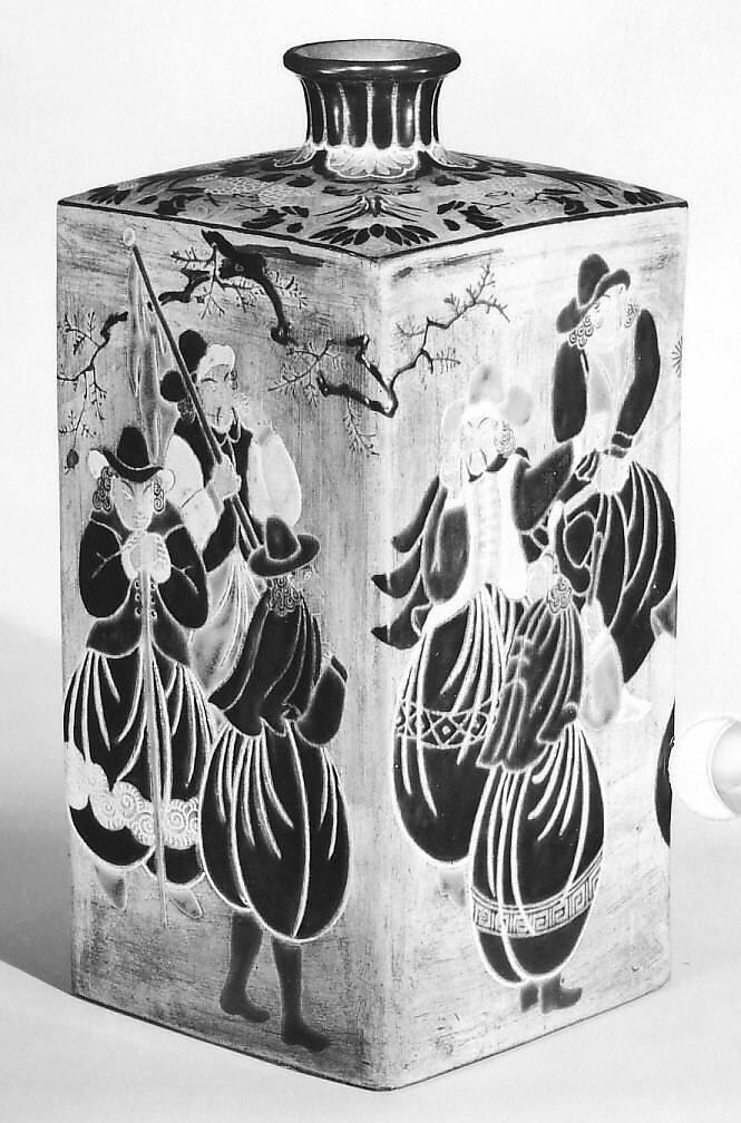 Sake Bottle with Nanban (Southern Barbarian) Design, Stoneware with overglaze enamels (Awata ware), Japan 