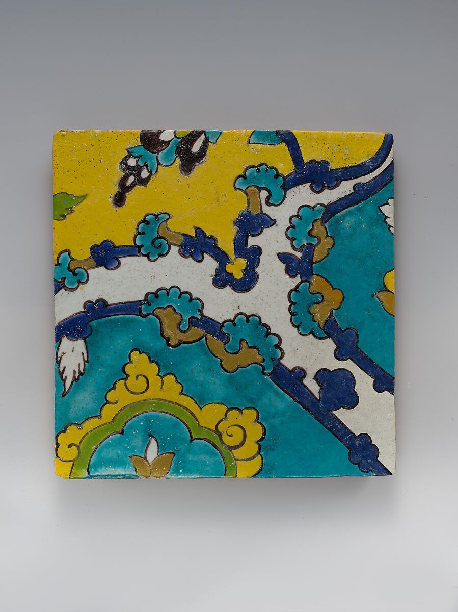 Square Tile Depicting Clouds, Stonepaste; polychrome glaze within black wax resist outlines (cuerda seca technique) 