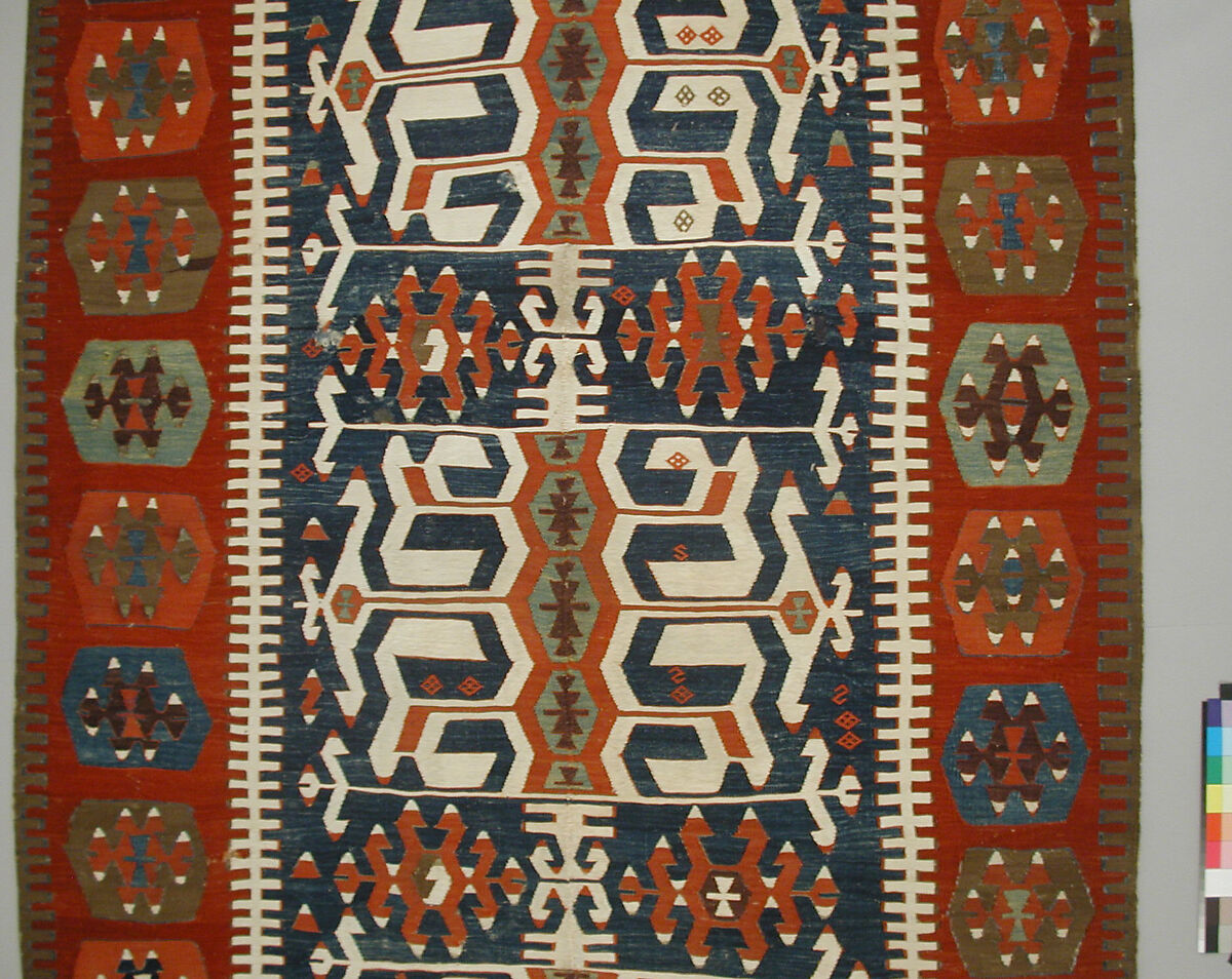 Carpet, Wool, cotton, and silver mtal wrapped thread