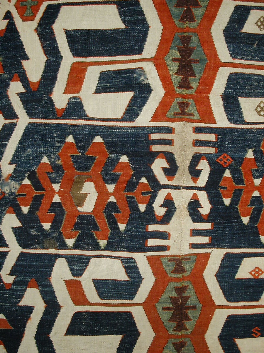 Carpet, Wool, cotton, and silver mtal wrapped thread