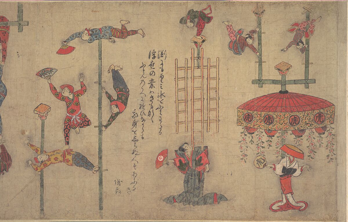 Acrobats, Handscroll; ink and color on paper, Japan 
