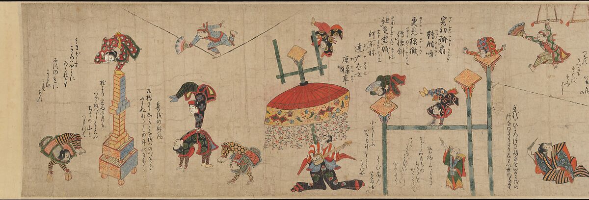 Acrobats, Handscroll; ink and color on paper, Japan