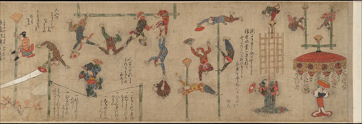 Acrobats, Handscroll; ink and color on paper, Japan
