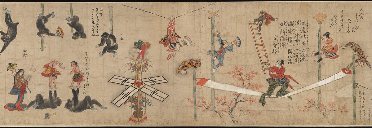 Acrobats, Handscroll; ink and color on paper, Japan
