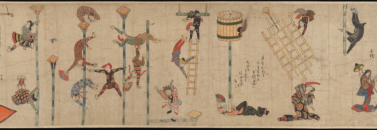 Acrobats, Handscroll; ink and color on paper, Japan