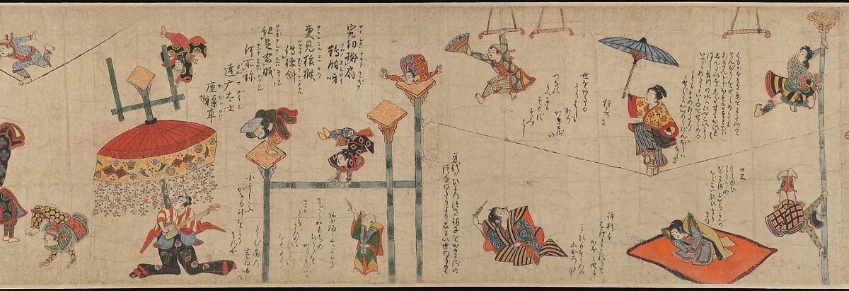 Acrobats, Handscroll; ink and color on paper, Japan