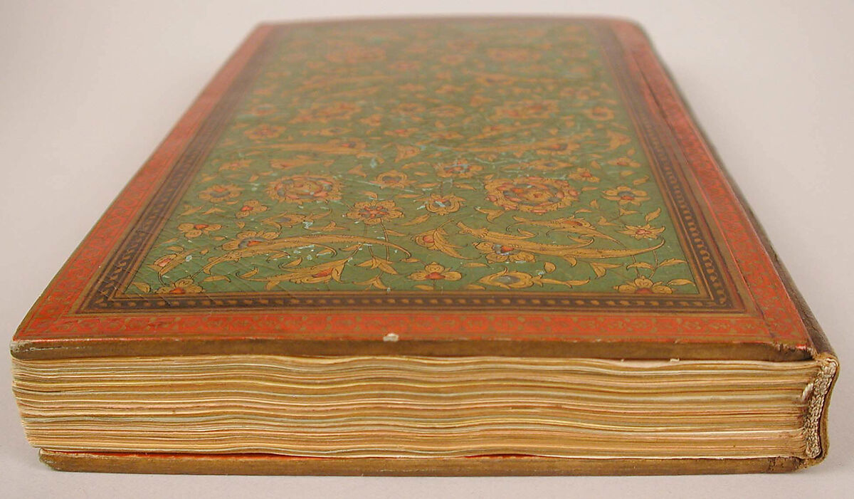 Miscellany of Prayers and Suras from a Qu'ran, Abu Talib al-Isfahani (Iranian), Miscellany: ink and opaque watercolor on embossed colored paper 
Binding: pasteboard, opaque watercolor, and gold under lacquer