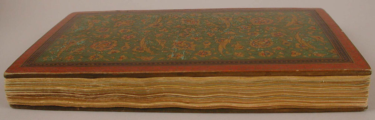 Miscellany of Prayers and Suras from a Qu'ran, Abu Talib al-Isfahani (Iranian), Miscellany: ink and opaque watercolor on embossed colored paper 
Binding: pasteboard, opaque watercolor, and gold under lacquer