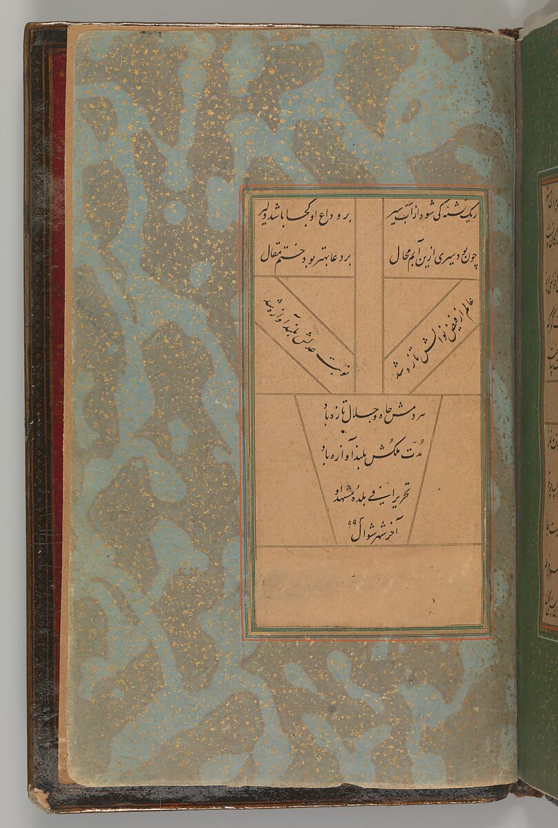 Salaman u Absal of Maulana Nur al-Din 'Abd-Rahman Jami, Maulana Nur al-Din `Abd al-Rahman Jami (Iranian, Jam 1414–92 Herat), Ink, opaque watercolor, and gold on paper
Binding: pasteboard; painted and lacquered