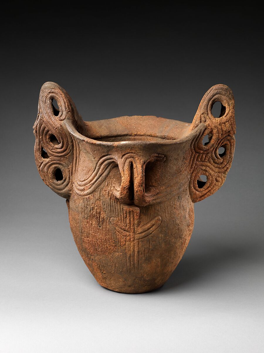Deep Vessel with Handles, Earthenware with carved and incised decoration, Japan 
