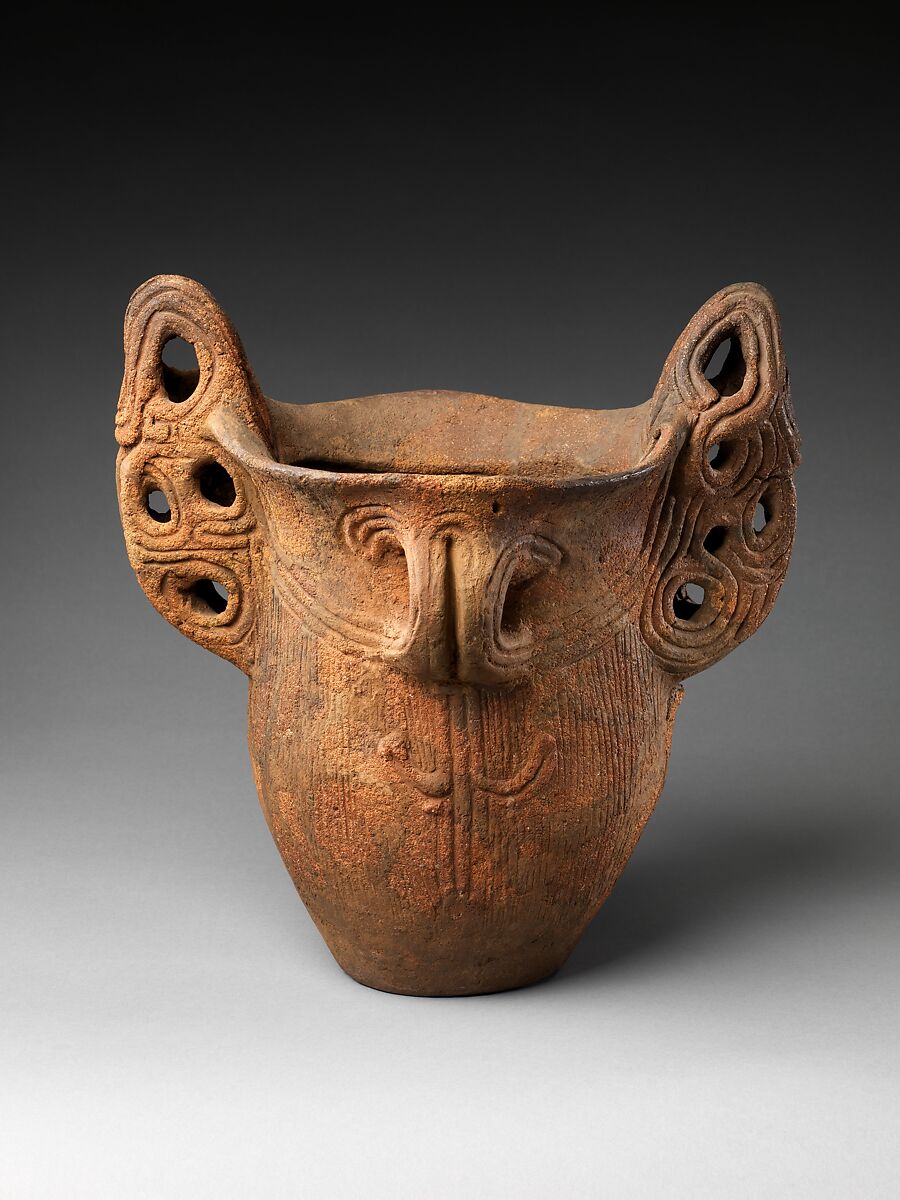 Deep Vessel with Decorative Handles, Earthenware with incised decoration, Japan