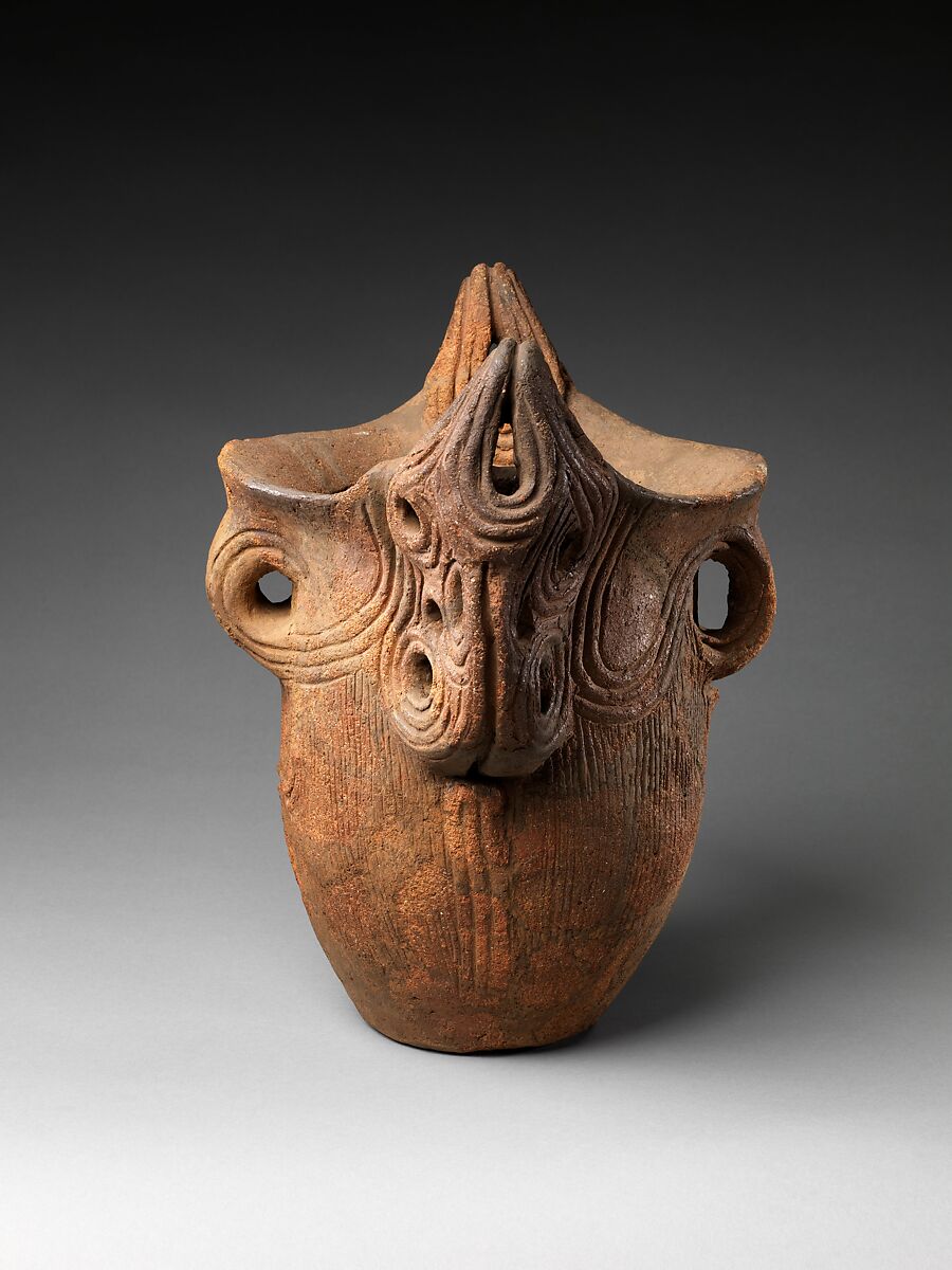 Deep Vessel with Decorative Handles, Earthenware with incised decoration, Japan
