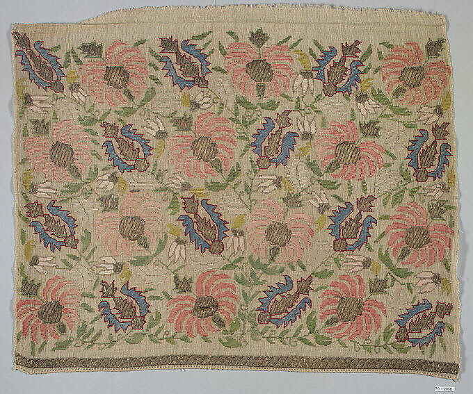 Textile Fragment, Linen, silk, metal wrapped thread; plain weave, embroidered 