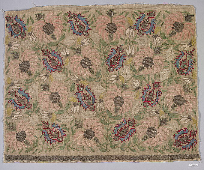 Textile Fragment, Linen, silk, metal wrapped thread; plain weave, embroidered